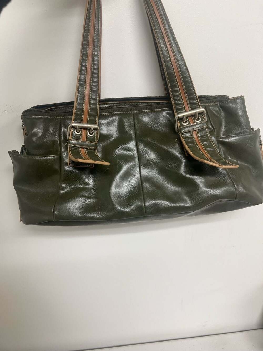 Vintage Faux Leather Shoulder Bag Olive Green Buckle Handbag